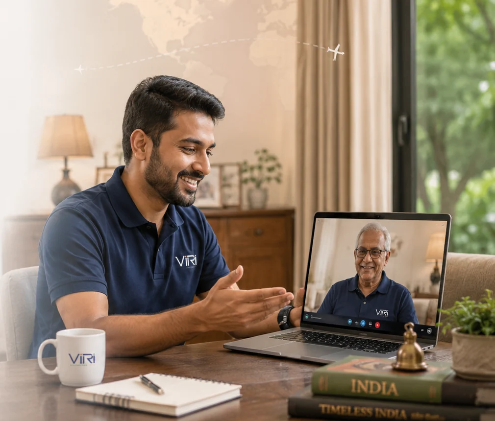 ViRi relationship manager speaking with an NRI family on a video call