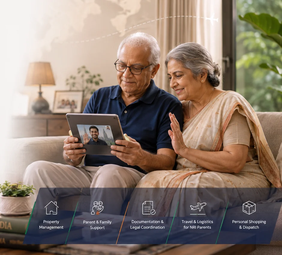 Elderly Indian parents video calling family abroad from their home