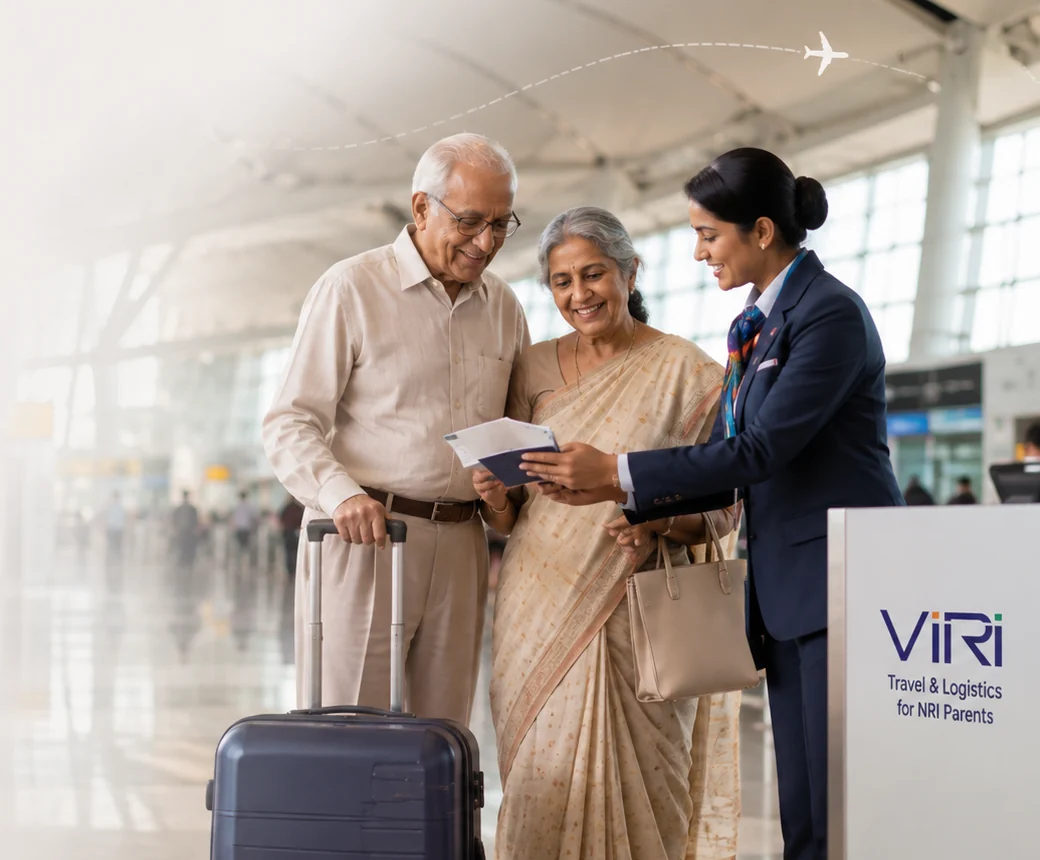 Elderly Indian parents receiving international airport travel assistance